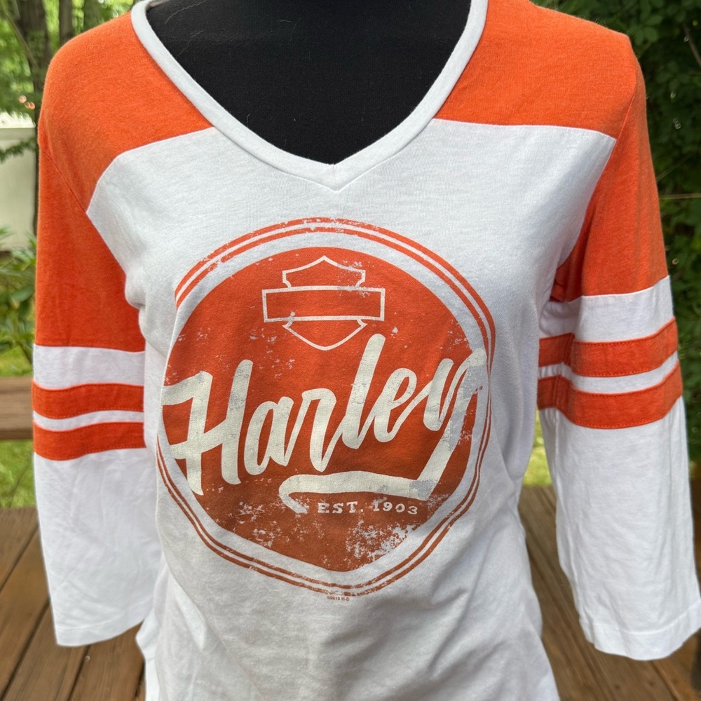 Harley-Davidson Orange & White Raglan V-Neck Tee